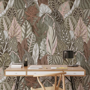 Large Vintage Leaves Wallpaper, Botanical Wall Art, Dense Jungle Wallpaper, Moody Wallpaper, Green and Brown Leaves, Retro Wall Decor 1022 image 1