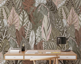 Large Vintage Leaves Wallpaper, Botanical Wall Art, Dense Jungle Wallpaper, Moody Wallpaper, Green and Brown Leaves, Retro Wall Decor - 1022