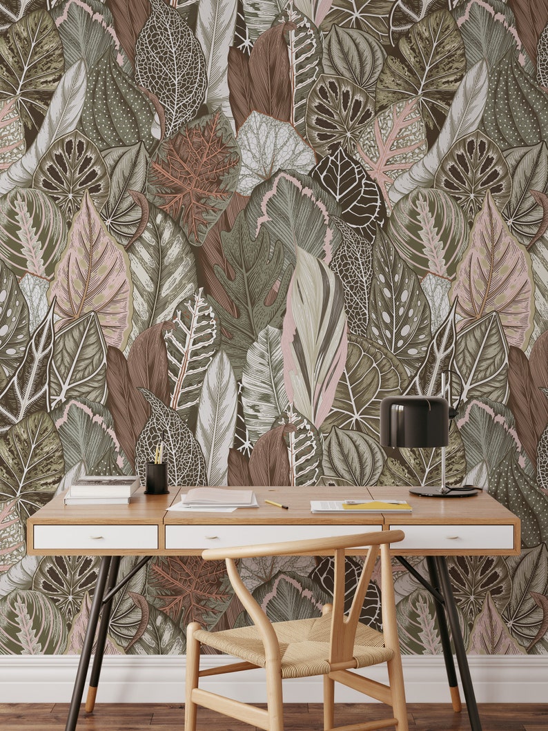 Large Vintage Leaves Wallpaper, Botanical Wall Art, Dense Jungle Wallpaper, Moody Wallpaper, Green and Brown Leaves, Retro Wall Decor 1022 image 1