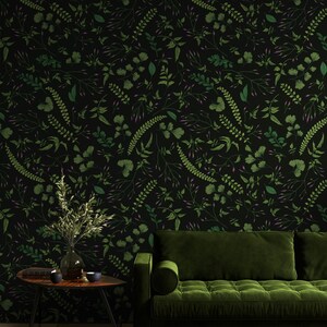 Botanical Wallpaper, Dark Green Leaves Wall Art, Botanical Wall Decor, Dark Botanical Wallpaper, Dark Dense Garden Removable Wallpaper 307 image 2
