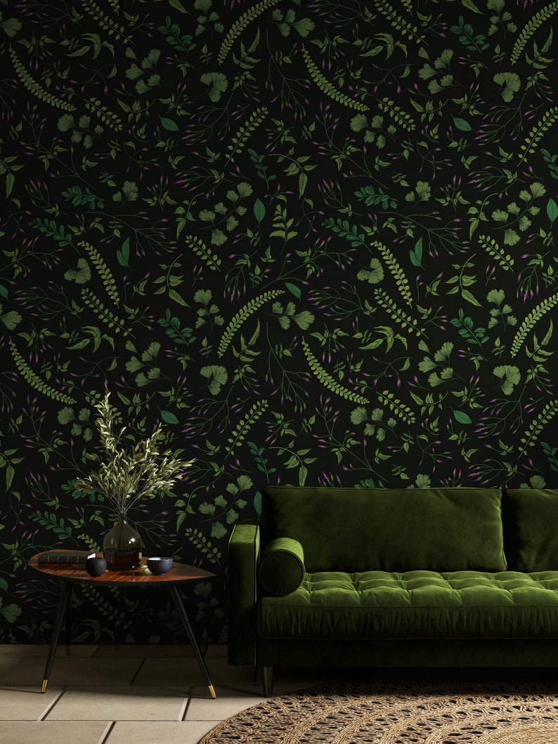 Botanical Wallpaper, Dark Green Leaves Wall Art, Botanical Wall Decor, Dark Botanical Wallpaper, Dark Dense Garden Removable Wallpaper 307 image 2
