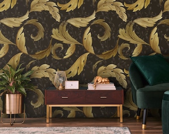 Vintage Gold Color Leaves, Large Leaves, Retro Wallpaper, Removable Peel and Stick Wallpaper, Home Decor, Art Nouveau, Retro Wall Art - 954