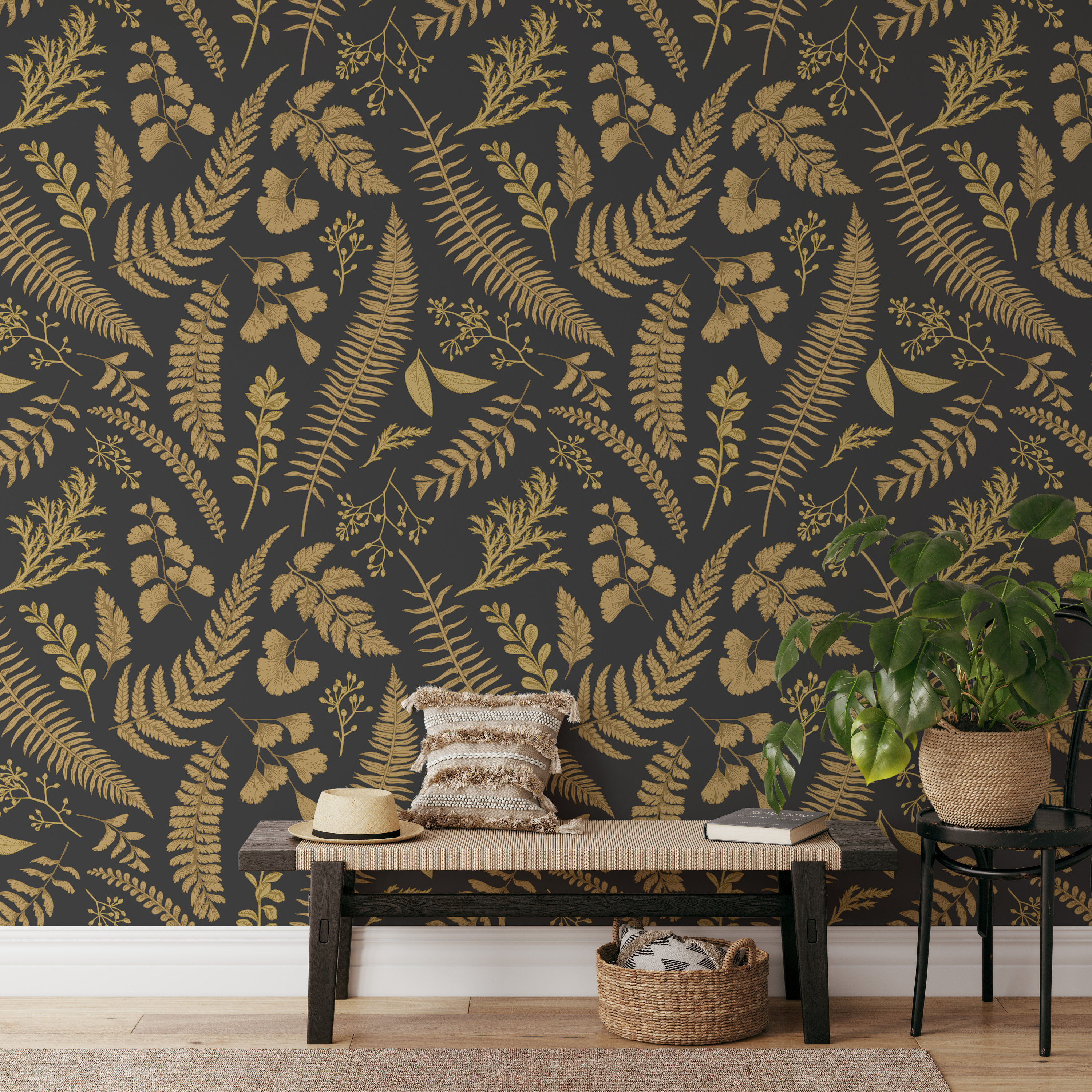 dark-gold-color-ferns-wallpaper-ferns-wall-art-vintage-wall-decor