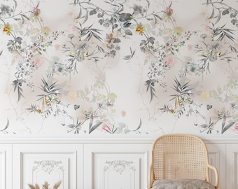 Delicate Floral Wallpaper, Floral Wall Mural, Yellow Flowers, Abstract Floral Wallpaper, Moody Wallpaper, Peel and Stick Luxury Decor - 1548