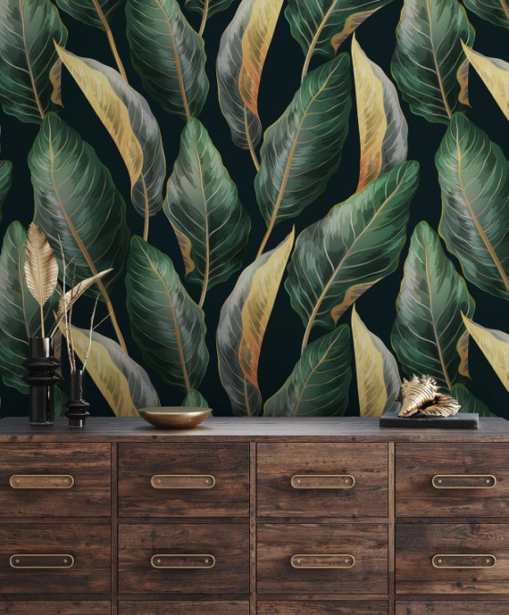 Wallpaper Art Nouveau, Peel and Stick Green Leaves Wallpaper, Vintage Luxury Wall art, Removable Wallpaper, Dark Wallpaper, Wall Decor - 567