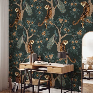 Tiger Wallpaper, Dark Green Wall Art, Animal Wallpaper, Moody Wallpaper