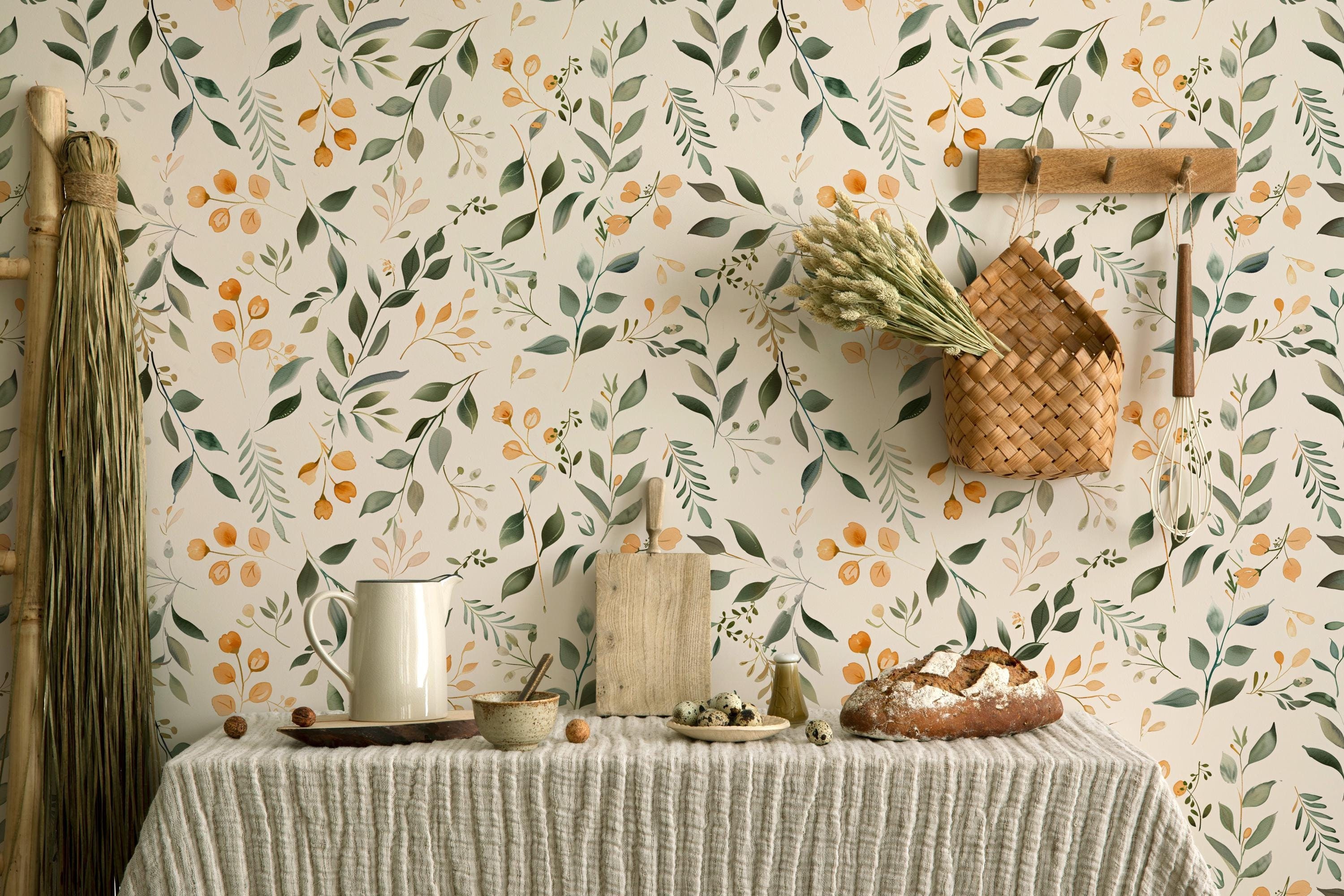 Orange vintage tulips wallpaper, floral wall art peel and stick removable wallpaper, beige floral nature wallpaper, green leaves - 1810