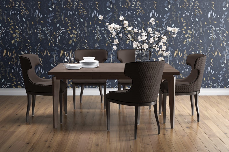 Dark Blue Wallpaper, Gold Color Twigs Wallpaper, Vintage Navy Wallpaper