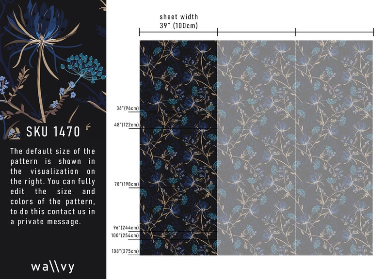 Dark Floral Wallpaper, Dark Blue Wallpaper, Navy Blue Garden Wallpaper, Removable Wallpaper, Peel and Stick Wallpaper, Home Decor 1470 image 5