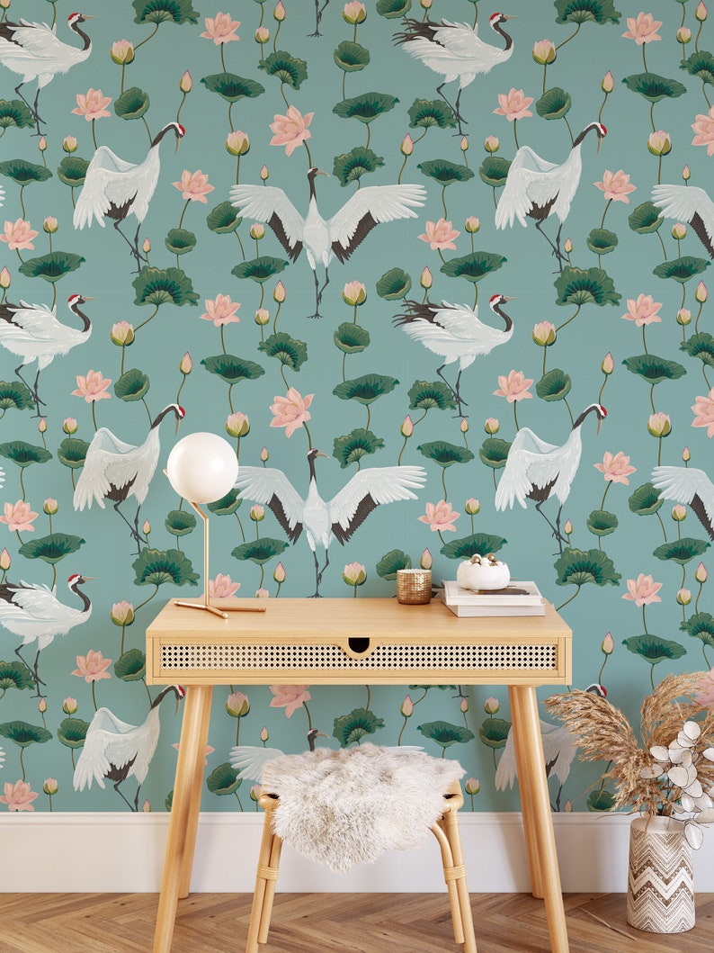 Oriental White Birds, Floral Wall Art, Animal Wallpaper, White Cranes, Lotus Flower, Peel and Stick Wallpaper, Removable Wallpaper 537 image 3