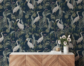 Dark Blue Moody Wall Art, Retro White Cranes In Nature, Temporary Vintage Style Wallpaper With Birds, Peel and Stick or Traditional - 1085