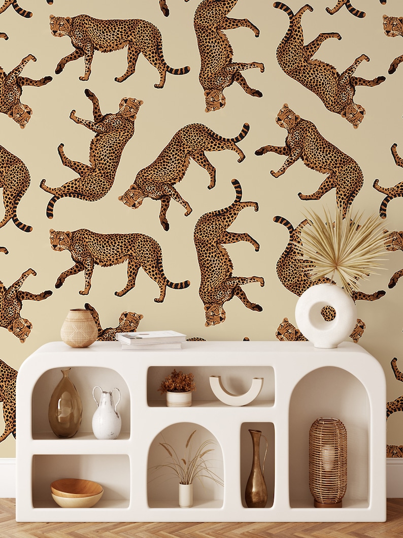 Wild Cat Wallpaper, Cheetah Wall Art Print, Animal Pattern, Removable Vinyl Wallpaper, Peel and Stick Wallpaper, Vintage Home Decor 1333 image 3