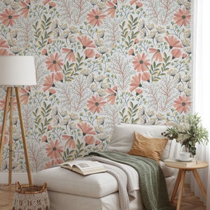 Florale Tapete, Zartrosa Blütenblätter, Tapete mit grünen Frühlingsblättern, Bunte Wandkunst, Ästhetische Dekortapete, Gartenwandkunst - 239