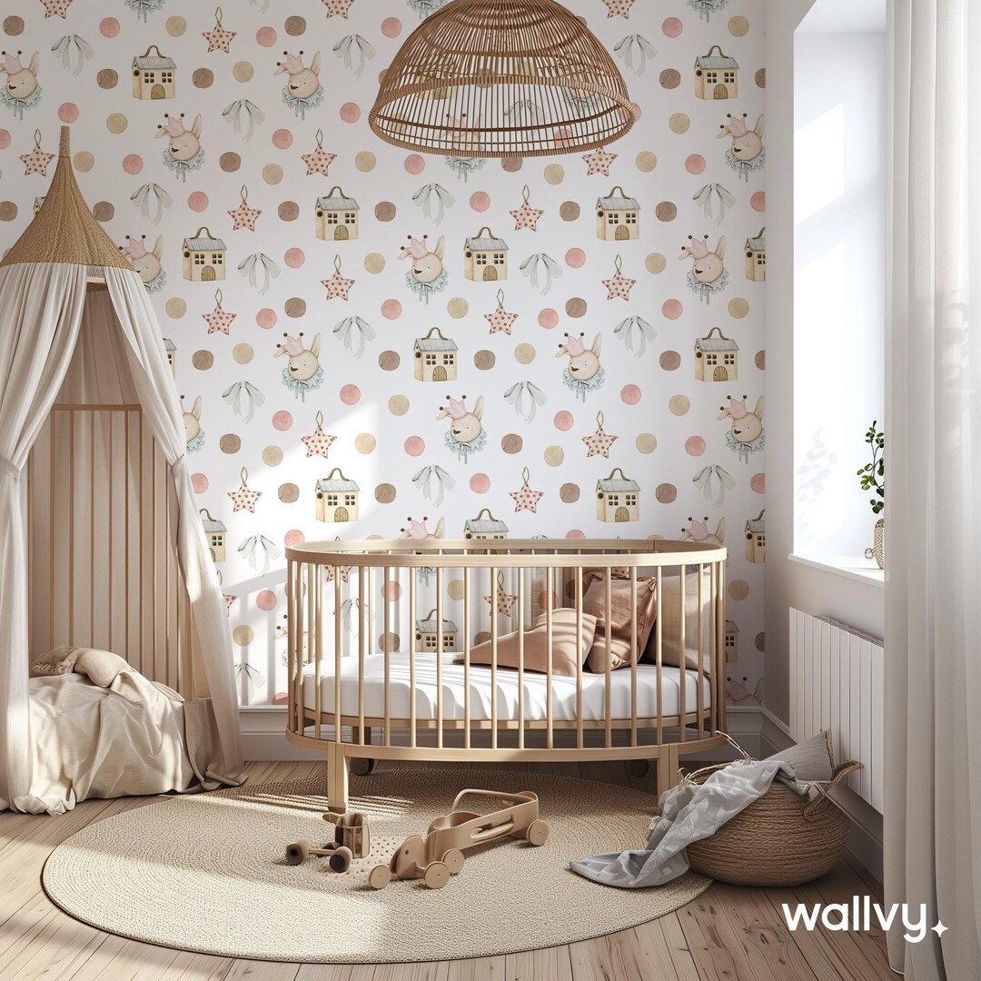 Rabbit and House Wallpaper, Cute Baby Room Wall Art, Pastel Kids Decor ...