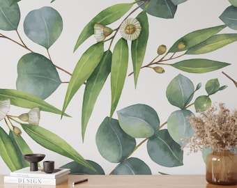 Watercolor Large Green Leaves Wall Decor, Bright Modern Wallpaper, Botanical Wallpaper, Peel and Stick Wallpaper, Floral Wall Art - 171