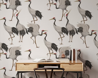 White Herons Wallpaper, Animal Wall Art, Luxury Wallpaper, Vintage Wallpaper with White Cranes, Asian Wall Art, Removable Wallpaper - 1374