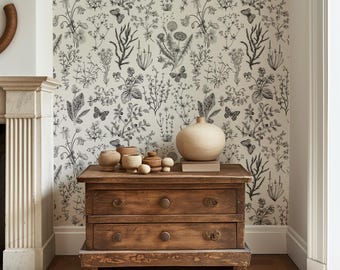 Black and white vintage herbs wallpaper, retro floral wall art, monochrome botanical wallpaper, butterflies and garden flowers - 1835