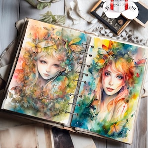 Betoverde aquarelset: fantastische elf- en magische boswezens - vuurvliegjes, kikkers, libellen, griffioenen, paddenstoelen digitaal plakboek