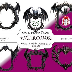 Pode incluir: Um conjunto de 25 designs de moldura de dragão gótico em aquarela. As molduras são pretas e apresentam um dragão com asas. As molduras são perfeitas para adicionar um toque de estilo gótico aos seus projetos.