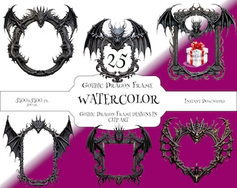 Gothic Dragon Frame Clip Art, Watercolor Ornate Frames (Digital Download)