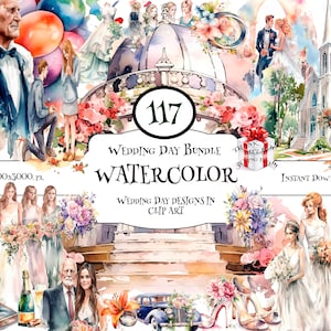 Enchanting Watercolor Wedding BUNDLE: Wedding Invitations, Bridal Shower, Bride & Groom Clipart, Stickers, and More! Downloadable PNG Files.