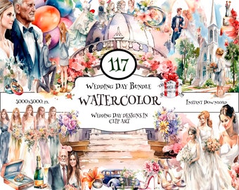 Aquarell Hochzeit Clipart-Bundle: Einladungen, Aufkleber (Herunterladbare PNG)