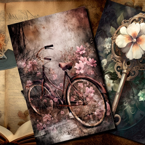 12 Charming vintage-inspired printable scrapbooking papers featuring classic motifs: clocks, elegant lady, bicycle, roses, and birds.