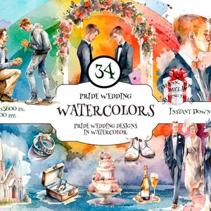 Célébrez l'amour avec l'invitation de mariage : téléchargement numérique avec clipart gay, clipart de marié, arches de mariage, et plus de clipart de couple LGBTQ.