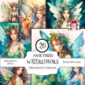 Enchanted watercolor illustrations of mystical fairies and nymphs. Perfect for scrapbooking. High-res. Instant download. Nymph Artwork.