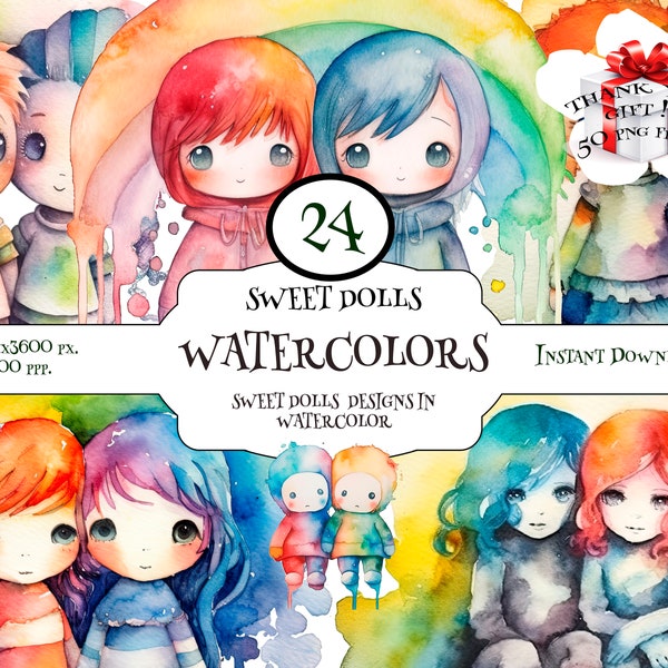 Rainbow Couple Dolls Clipart, LGBTI Watercolor Art, Dolls PNG, Sublimation Graphics, Instant Doll Stickers, Dolls Transparent background.