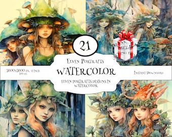 Elven Portrait Clipart: Watercolor Fantasy Art, Scrapbook Paper (Digital Download)
