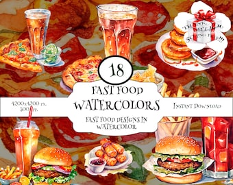 Aquarell Fast Food Clipart - Burger, Pizza, Pommes PNG (kommerzielle Nutzung)