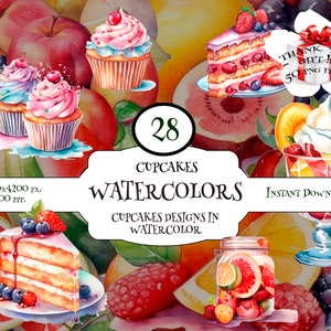 Köstliche Aquarell Gebäck Obst PNGs, perfekt für Bäckerei Menüs, Sublimation, Scrapbooking, Cupcakes, Obst Marmeladen, transparente Kuchen Clipart