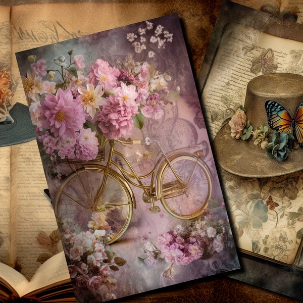 Charming vintage-inspired printable scrapbooking papers featuring classic motifs: clocks, elegant lady, bicycle, roses, and birds.