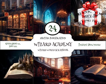 Puede incluir: Una ilustración digital de una academia de magia con un gran libro abierto que presenta un castillo en una isla verde. El libro está abierto sobre una mesa en una gran biblioteca gótica oscura con techos altos y ventanas de vidrieras. El texto "Wizard Academy" está escrito en una fuente decorativa en una pancarta.