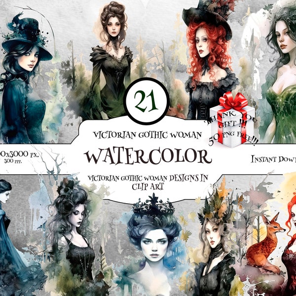 Victorian & Gothic Fantasy Clipart Collection for Dark and Creepy Art, Sublimation and Watercolor Projects. victorian gothic woman.