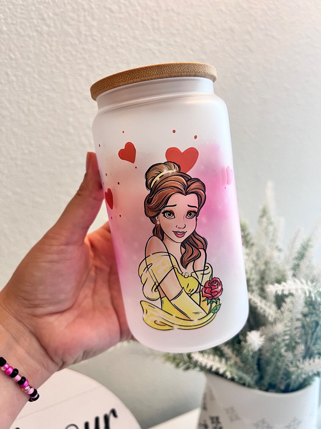 Princess Glass Containers Princess Glass Cup Bamboo Lid Gifts for Her 16oz Coffee Glass Water Cup ...