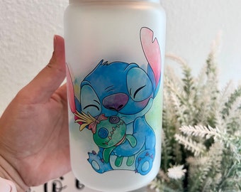 Stitch glass cup | bamboo lid | gifts for her | 16oz | glass | coffee | gifts for him