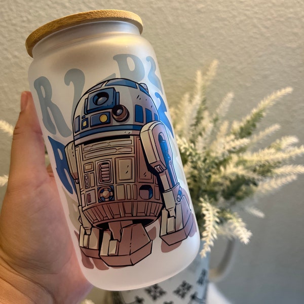 Star Wars glass cup | bamboo lid | gifts for her | 16oz | Disney cup | Chewy | Chewbacca | Vader | R2D2 | Droids | C-3PO |