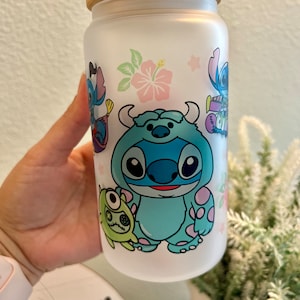Cute Alien glass cup | bamboo lid | gifts for her | 16oz | Stitch | Gifts for her | Gifts for him |