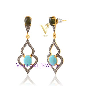 Light Weight Turquoise Pave Diamond Earring Layered Bespoke Handmade Stylish Diamond Jewelry 925 Silver Handmade, Gift for Her, Unique Gift