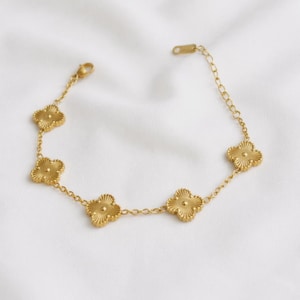 14-karätiges Goldarmband mit Kleeblatt-Pavé, verstellbares Band, Glücksbringer-Blatt-Armband
