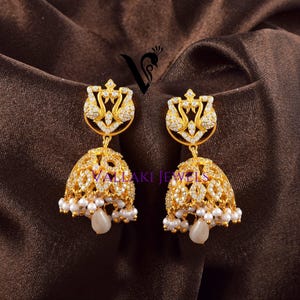 HANDMADE MINIMAL Bollywood Style Big Zirconia Layered Jhumka Earrings with Back Clip Support In 14K Gold Finish, Wedding Earrings