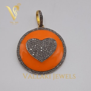 Round diamond pendent Heart necklace with enamel pendent in birthday party engagement for natural diamond stone in pave diamond.