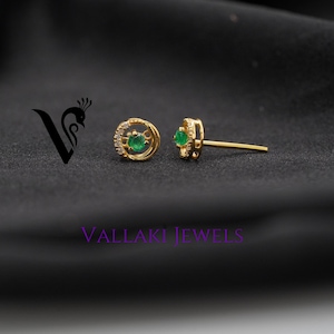 Light Weight LUXURY STUD EARRING in 925 Silver with Round Natural Emerald Minimal Stud Bali Hoop Jewelry Tops Green Emerald for Prosperity
