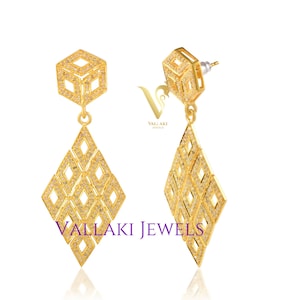 Geometric Shape Triangular Elegant Jhumka Earring in 925 Silver in 18k gold Dipped CZ hanging Ethnic Jhumka  Bridesmaid minimal jewelry