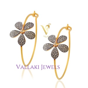 Minimal Hand-crafted Floral Hoop Earrings Bespoke Stylish Pave Diamond Jewelry 925 Silver Handmade Unique Gift for her Mid-size Hoop 35mm.