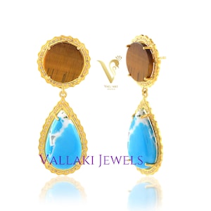 STUNNING Tiger Eye Blue Turquoise Layered Earring Jhumka in 925 silver with 18k gold Rhodium Hanging Ethnic Jhumka, Handmade minimal jewelry