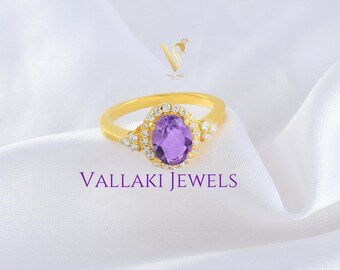 Engagement Ring in Stunning Purple oval CZ Stone in 14k Gold Plated 925 Sterling Silver Perfect Rings for Women Wedding Anniversary Gift