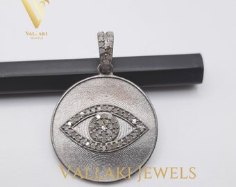 Pave Diamond Evil Eye Pendant, Sterling Silver Round Necklace, Black Rhodium Plated